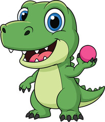 Cartoon green dinosaur holding pink ball, friendly expression, blue eyes, cute character for kids, vector illustration for stock