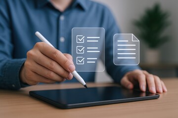 Digital Checklist on Tablet: Man Completes Tasks and Reviews Documents in Modern Office
