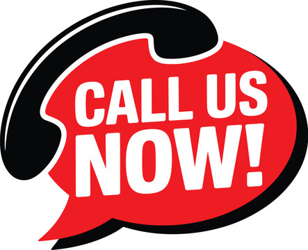 Call Us Now vector with red speech bubble and phone receiver for urgent contact prompts, service banners, and marketing designs