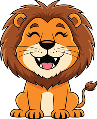 Cute cartoon lion sitting with brown mane, happy expression, tan face, friendly animal character, flat vector illustration for kids