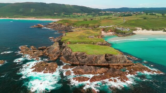Aerial view of Playa de Santa Comba beach with turquoise sea in Galicia Spain