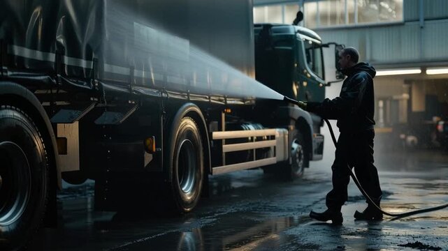 UK Worker Jet Washing a Lorry