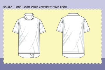 UNISEX T SHIRT WITH INNER CHAMBRAY MOCK SHIRT FLAT SKETCH FASHION TEMPLATE TECHNICAL DRAWING ILLUSTRATION.cdr