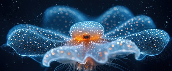 Obraz premium Glowing, translucent jellyfish-like creature in deep ocean