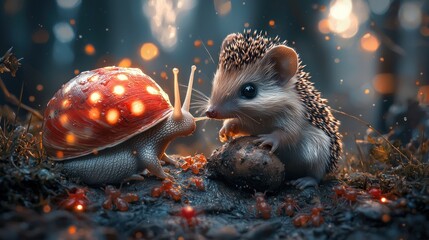 Obraz premium Magical forest scene with glowing snail and hedgehog