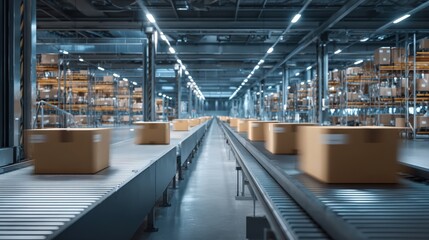 Fototapeta premium Automated Conveyor System Transporting Cardboard Boxes in a Large Warehouse for Efficient Distribution and Logistics Operations