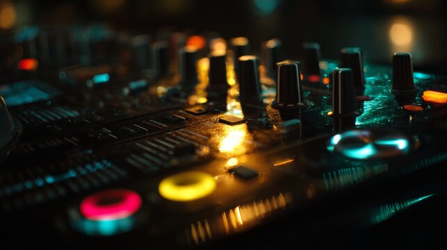 Close-up of a DJ mixer control panel with intricate details, dynamic lens flare effect in the upper right corner,