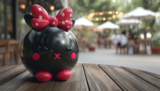 Cute black character with red bow sits on wooden table outdoors