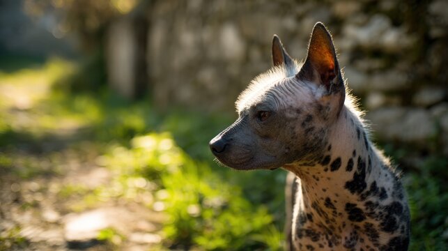 Portrait of a Peruvian Hairless Dog Standing Alert in a Natural Outdoor Setting on a Sunny Day