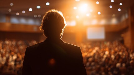 A silhouette of a man with light hair addresses a packed conference hall,