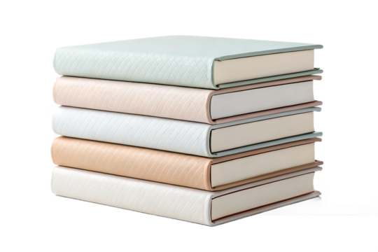 Another stack of hardcover books with geometric patterned covers in pastel colors, educational reference materials, isolated on a transparent background