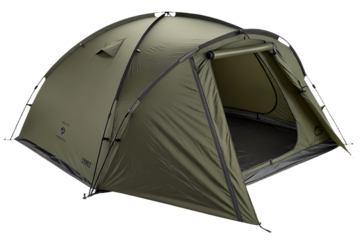 Olive green dome tent with multiple guy-lines, waterproof camping shelter for outdoor recreational activities, isolated on a transparent background