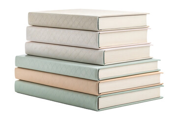 Fototapeta premium Stack of neutral-colored hardcover books with textured fabric covers in beige and green tones, isolated on a transparent background