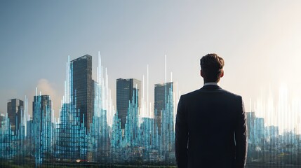 Businessperson contemplates city skyline with digital data visualizations.