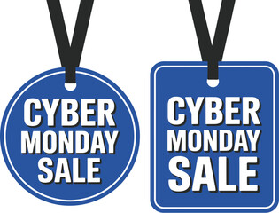 Cyber Monday sale vector tags in blue with bold typography for ecommerce promotions, digital marketing, and online discounts