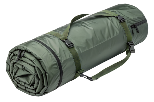 Compact rolled sleeping mat with shoulder strap, dark green camping gear for hiking and travel, isolated on a transparent background