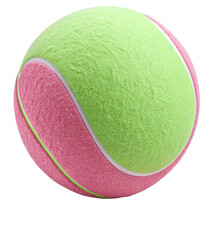 A vibrant two-tone tennis ball with pink and green felt, isolated on a clean white background for sports and recreation concepts.