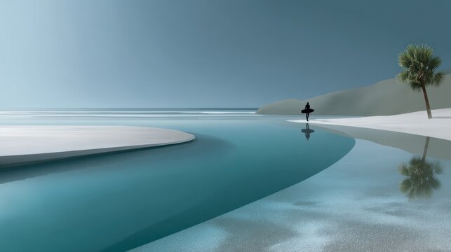 Tranquil beach scene with surfer