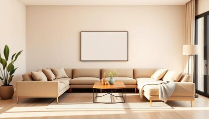 Beige minimalist living room with corner sofa, table, and mock-up frame,  modern interior,   bright