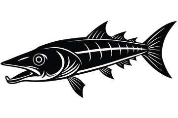 Monochrome barracuda swims, showcasing fins, gills, and an open mouth against the white backdrop