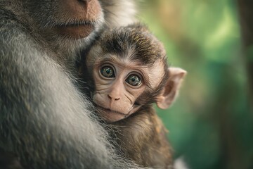Baby monkey holding mother’s tail - copy space in jungle background. 