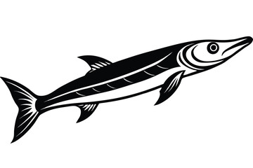 Sleek black barracuda swims powerfully with detailed fins and streamlined body against a plain background