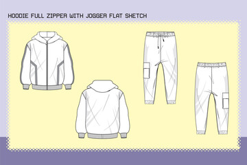 HOODIE FULL ZIPPER WITH JOGGER FLAT SKETCH FASHION TEMPLATE TECHNICAL DRAWING ILLUSTRATION.cdr