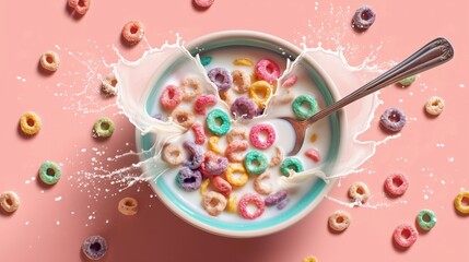 Colorful breakfast cereal with milk splash in bowl on pink background, healthy morning food concept