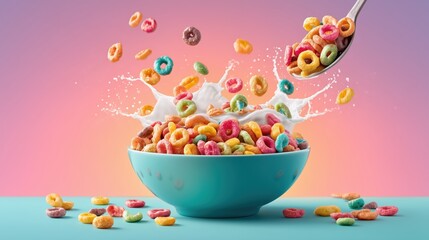 Colorful breakfast cereal with milk splash in blue bowl and spoon on vibrant background, healthy morning food concept