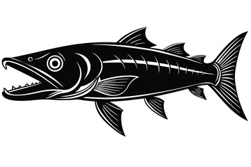 Striking monochrome barracuda with open mouth, sharp teeth, and detailed fins against a white backdrop