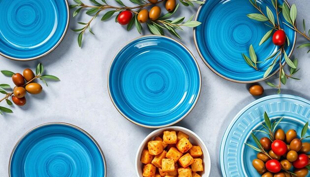 Elegant blue dinner plates, olive branches, Mediterranean food setting, overhead flat lay,  pottery,   healthy