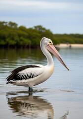 Australian Pelican standing in water with reflection and mangroves