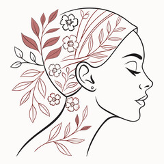 Elegant profile of a woman with her hair creatively styled with delicate flowers and flowing botanical branches