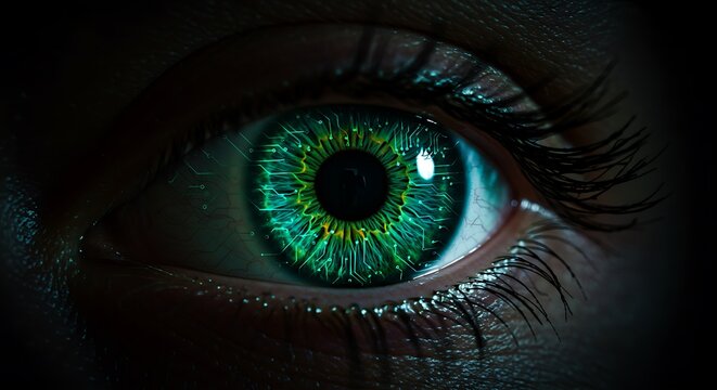 Close-up of a human eye with a glowing, digital iris pattern - Powered by Adobe