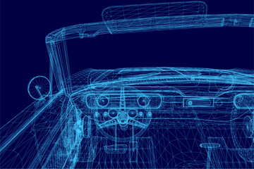 A sleek convertible car rendered in 3D wireframe reveals intricate interior details against a vibrant blue background. The transparent structure highlights the vehicle's design and engineering.
