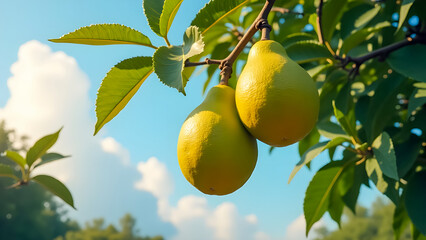 Ugli Fruit Hanging on a Branch, Surrounded by Citrus Leaves, Bright Daylight