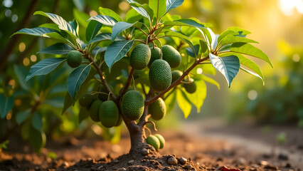 Noni Fruits Growing on a Small Tree with Broad Dark Green Leaves under Natural Sunlight