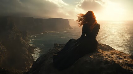 Woman standing and sitting on stone, enjoying scenic beach view.