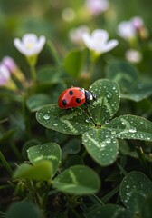 Obraz premium Ladybug on Clover with Dew Drops Springtime Macro Photography