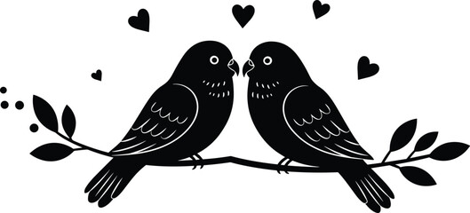 Two love birds sitting on a branch with hearts, romantic bird illustration, cute couple, nature love symbol, cad drawing flat vector illustration