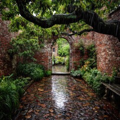 Obraz premium Rain-drenched garden path beneath a leafy archway