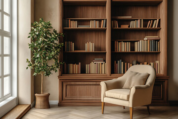 Cozy reading nook with armchair and tall bookshelf filled with books
