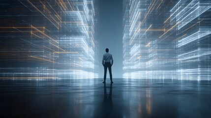 Businessperson contemplates a futuristic cityscape.