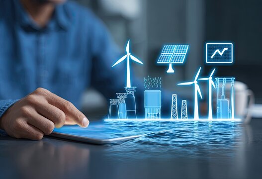 Person interacts with digital renewable energy icons on tablet