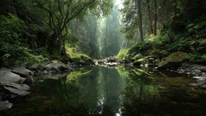 Tranquil forest stream reflects lush greenery