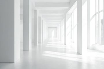 Obraz premium Bright white hallway with sunlight and architectural columns
