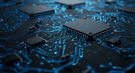 Close - up of Blue - Lit Circuit Motherboard (Chips & Precision Circuits)