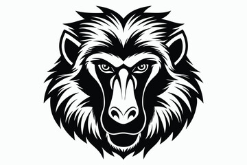 Striking monochrome baboon head gazes intensely with detailed fur and powerful features