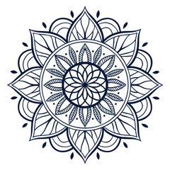 Intricate dark blue mandala pattern with floral and leaf elements on a white background