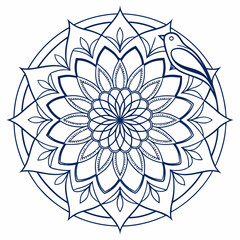 Intricate navy blue line art mandala design with a delicate bird perched on its edge